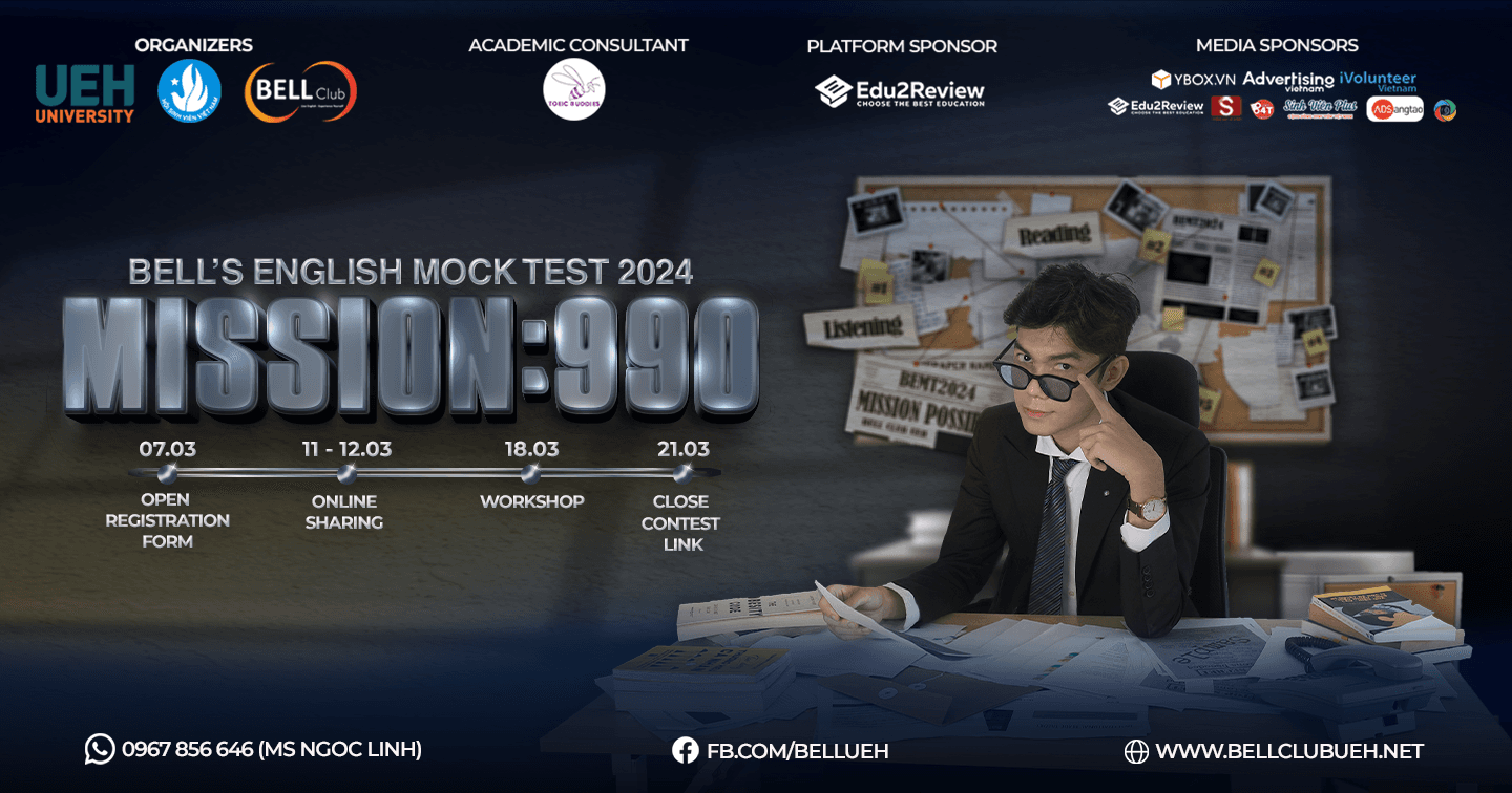 Bell's English Mock Test | 𝗠𝗜𝗦𝗦𝗜𝗢𝗡:𝟵𝟵𝟬 Chính thức mở cổng đăng ký dự thi TOEIC